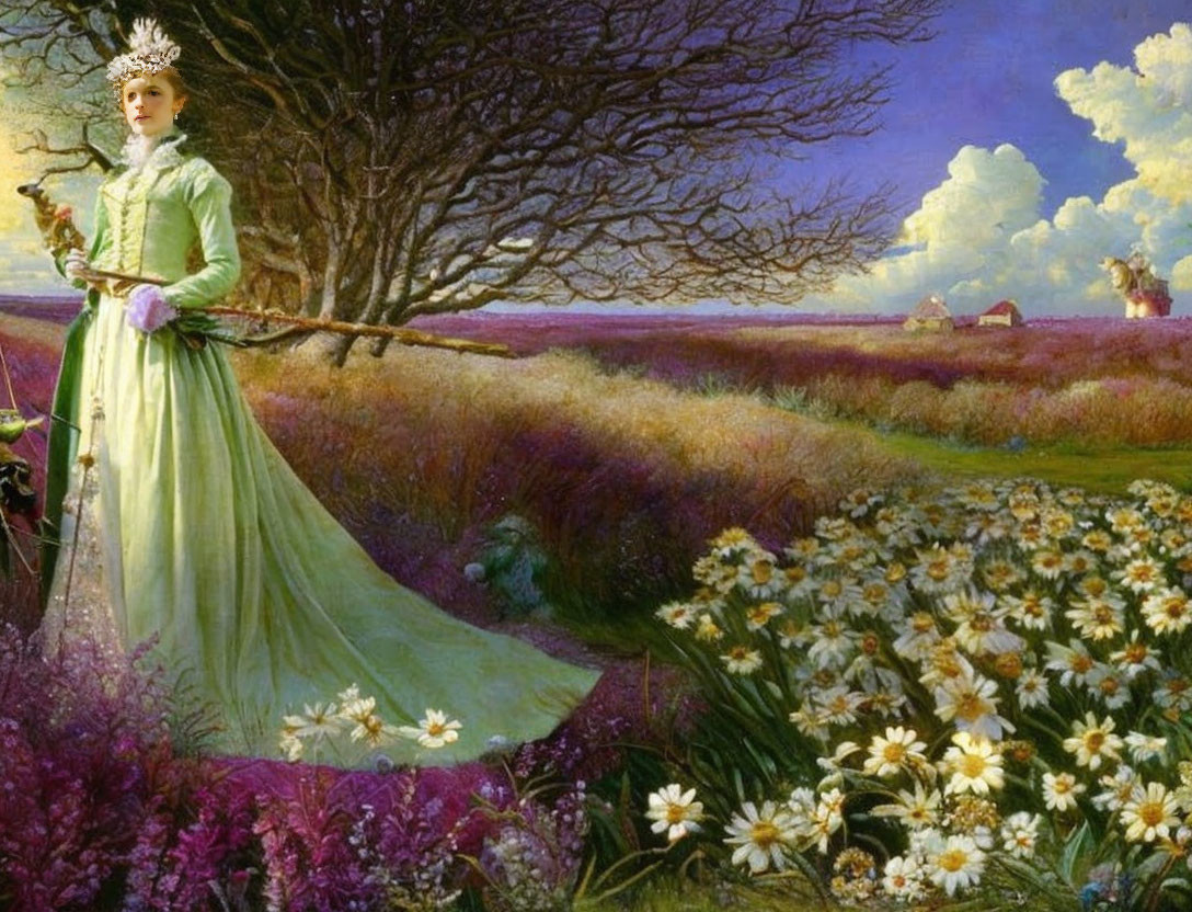 Woman in Long Green Dress Surrounded by Flowers and Farm Landscape