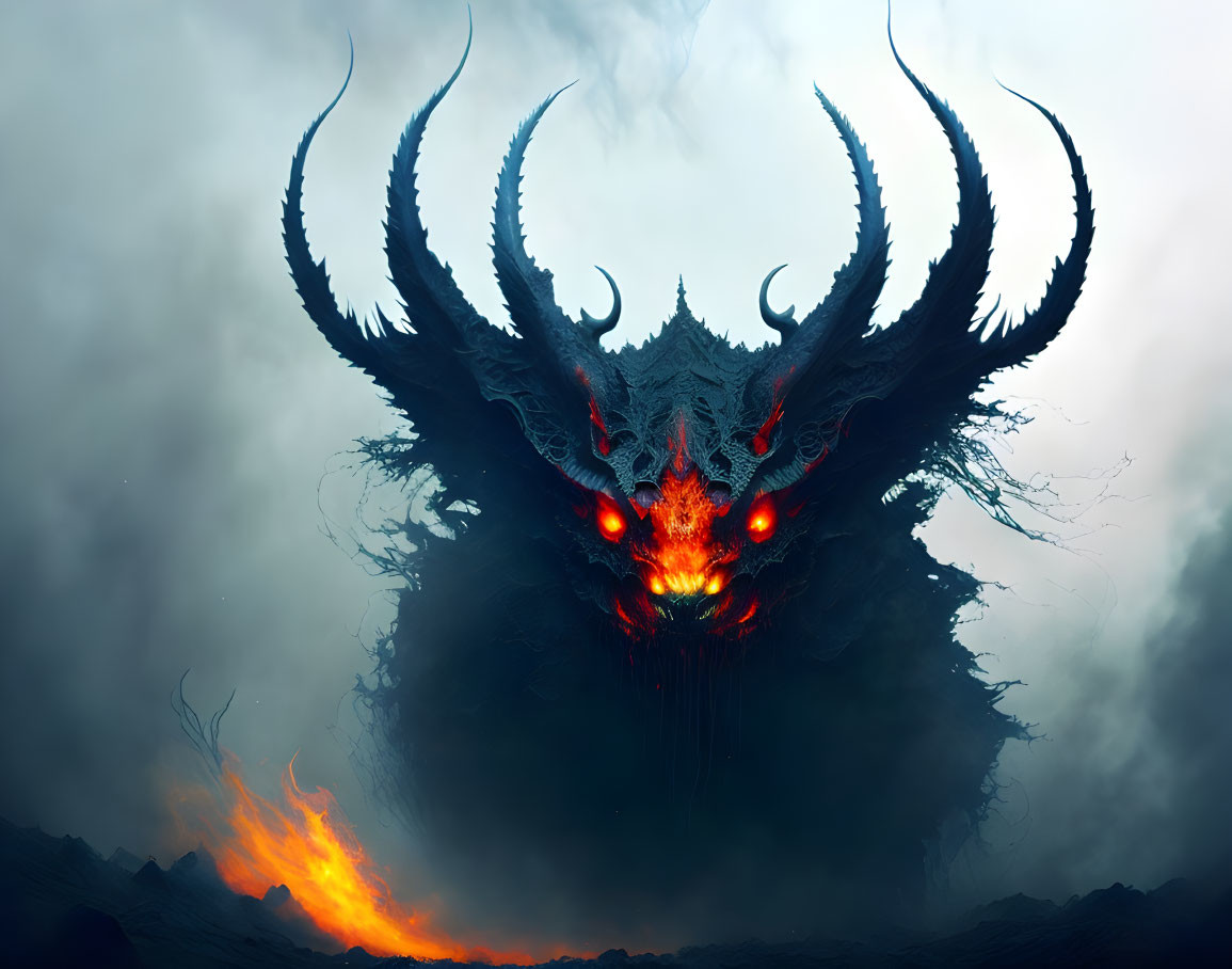 Dark fantasy creature with red eyes, curling horns, and smoky tendrils in stormy sky