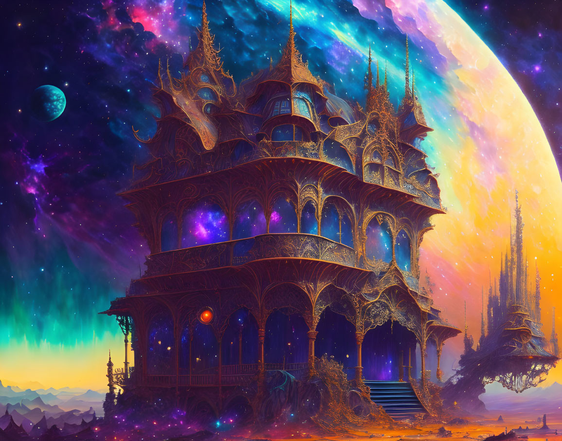 Ornate towering structure in fantastical cosmic landscape