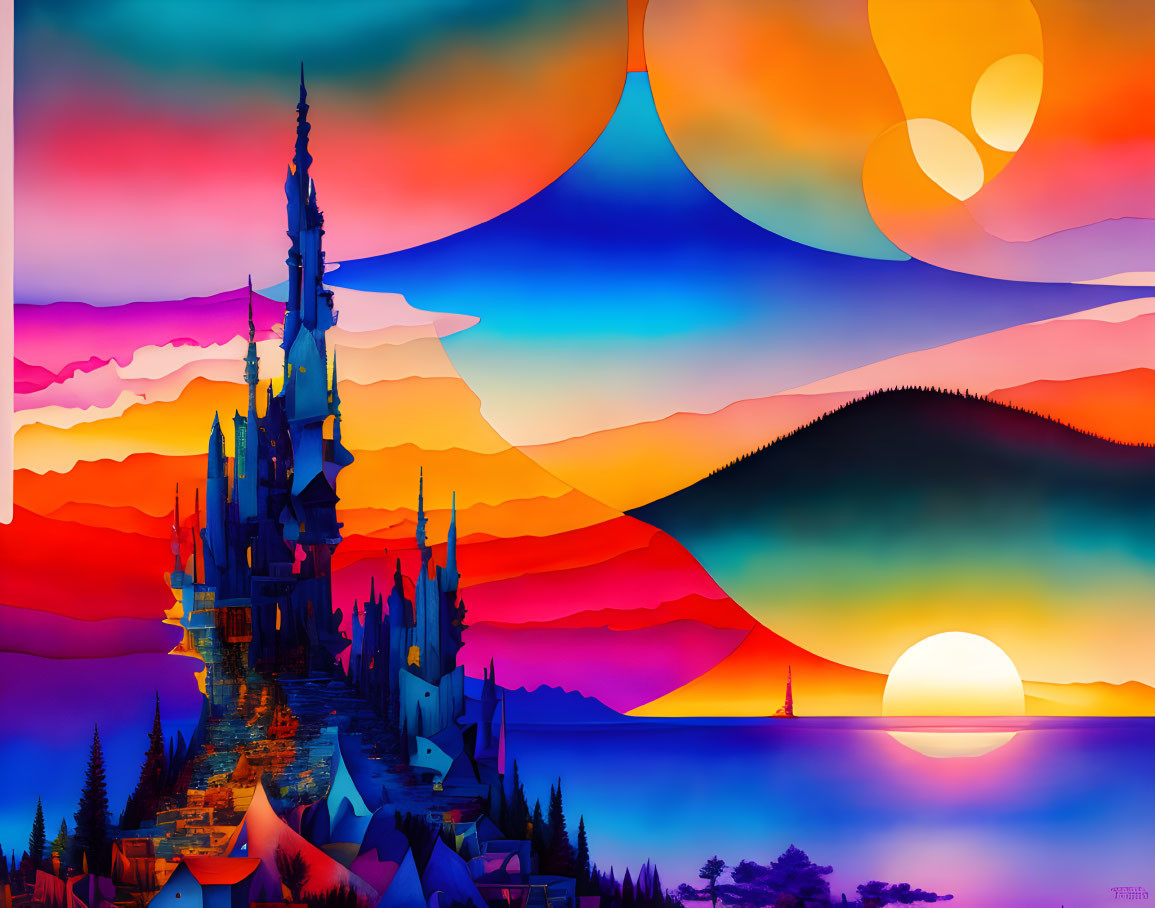 Colorful Castle Overlooking Serene Sunset by the Sea