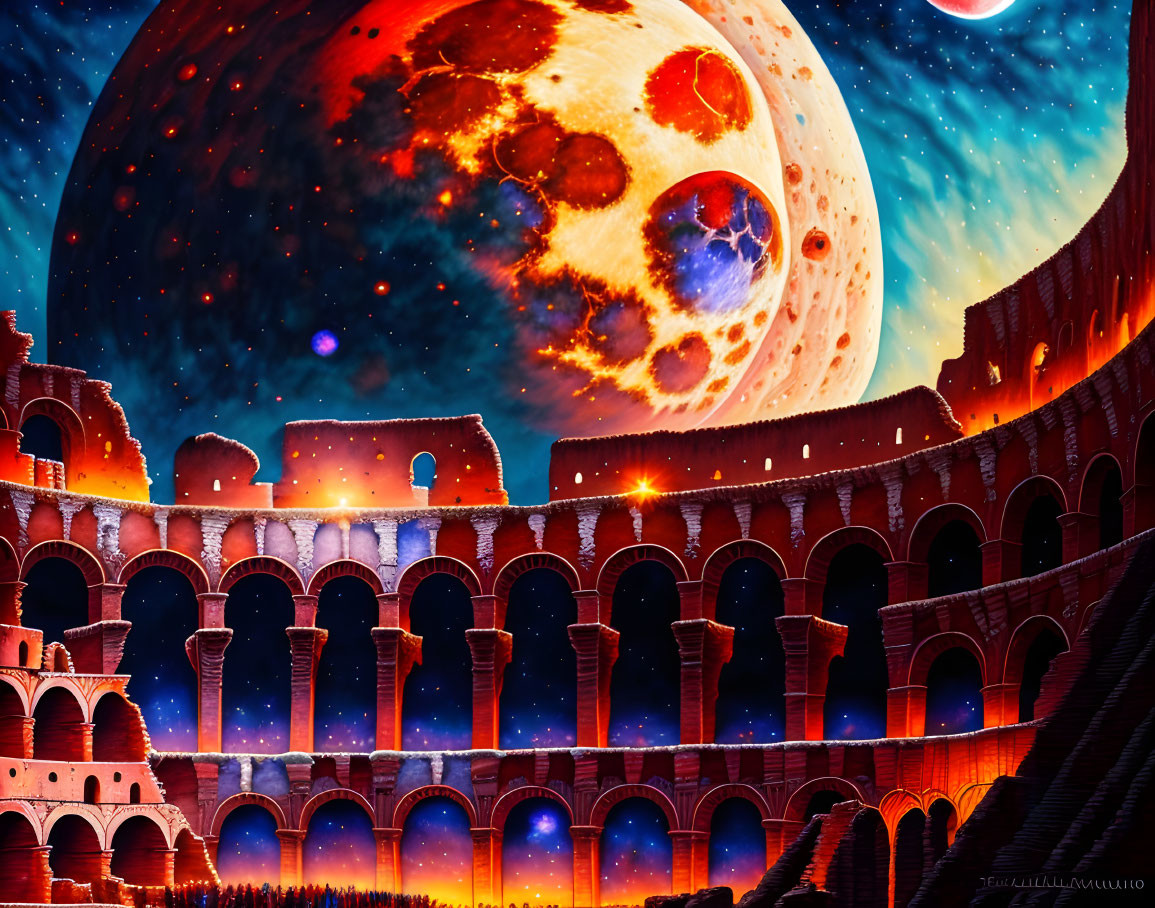 Roman Colosseum under starry sky with planet and moon.