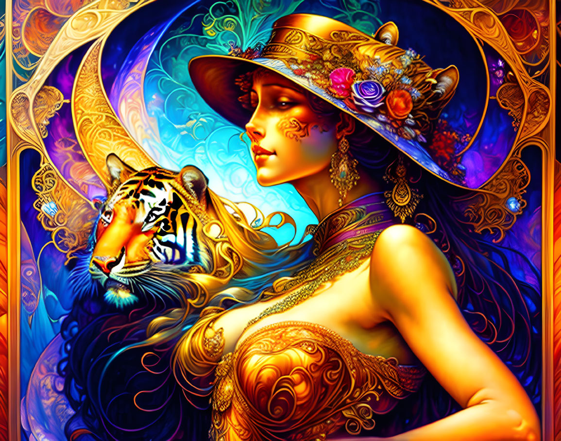 Woman in decorative hat near tiger: vibrant colors and ornate details in surreal scene