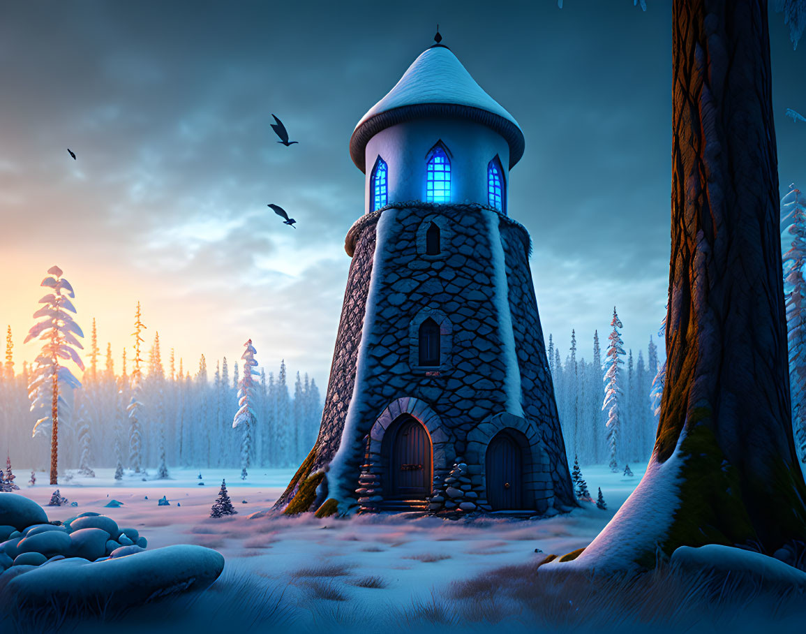 Stone tower with blue glowing window in snowy forest at twilight.