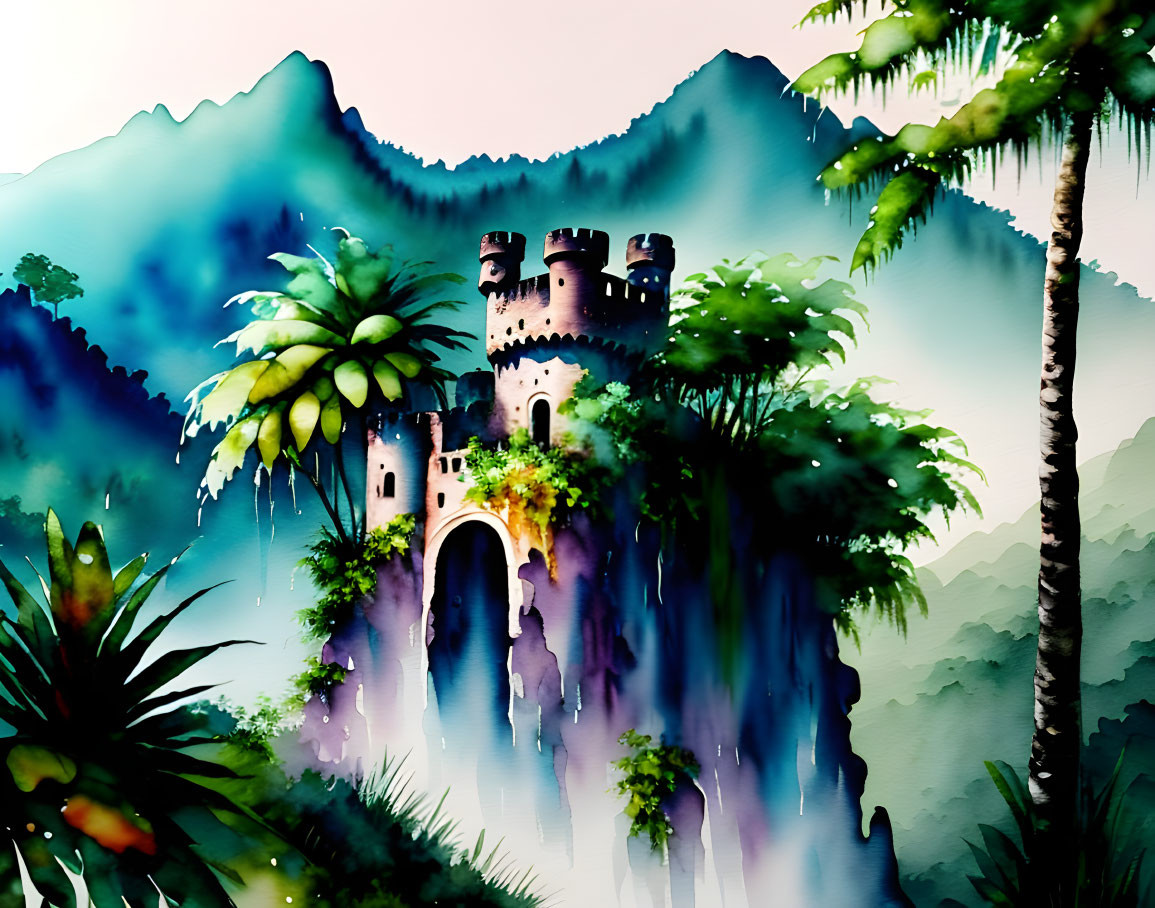 Whimsical castle on green cliff with waterfall & tropical foliage