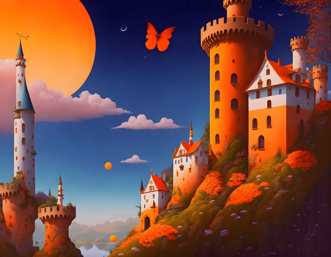 Fantastical landscape with castles, orange hills, large sun, clouds, and butterfly