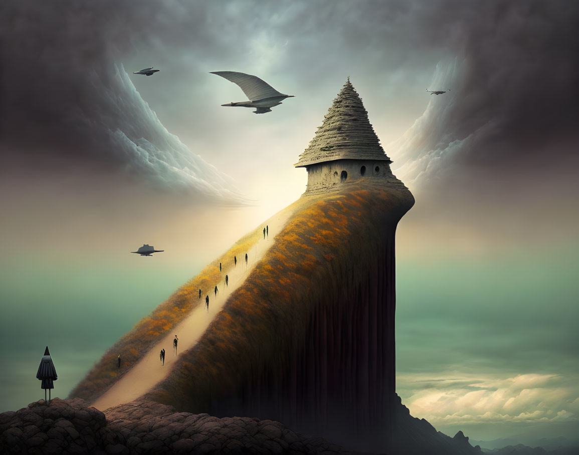 Fantasy landscape with spire on rocky cliff, flying crafts, creatures, dramatic sky