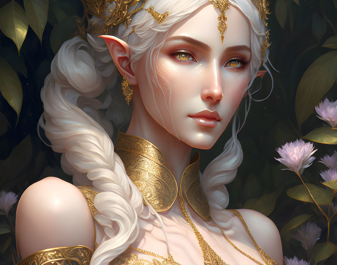 Elf woman with braided hair, gold jewelry, and crown in lush purple flower setting