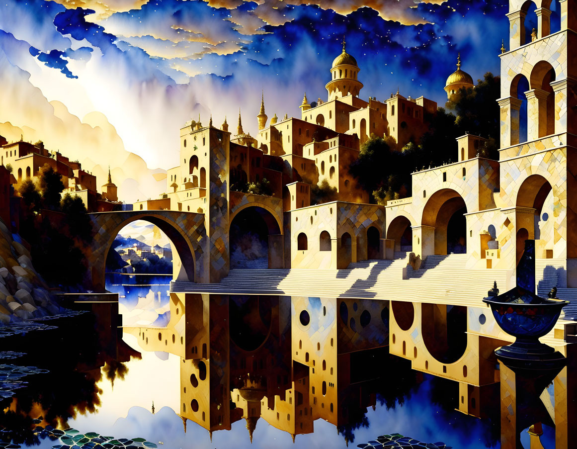 Fantastical cityscape with golden domed buildings and arched bridge