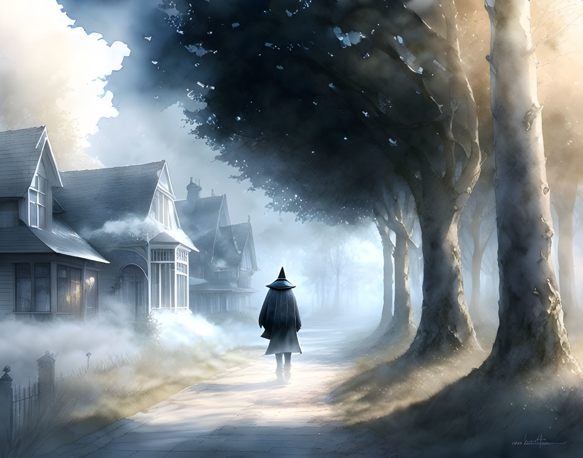 Solitary figure walking on misty tree-lined road past quaint houses