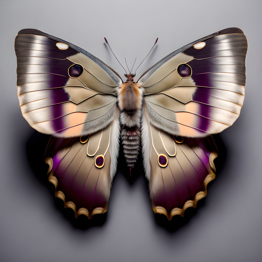 Symmetrical butterfly with brown, white, and purple pattern on grey background