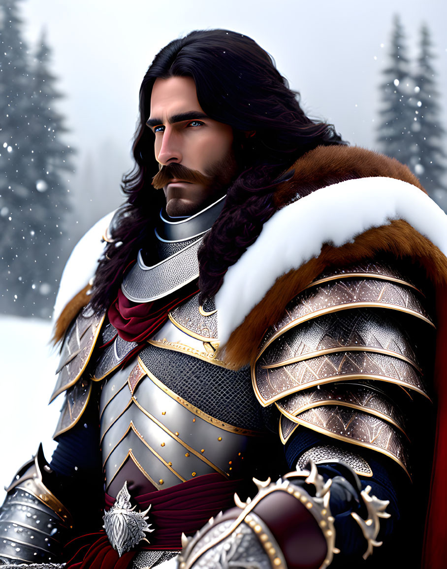 Armored knight with fur cape in snowy forest landscape