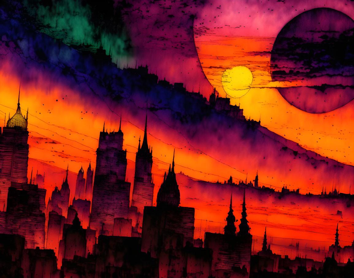 City skyline silhouette in digital artwork with red and orange sky and swirling clouds