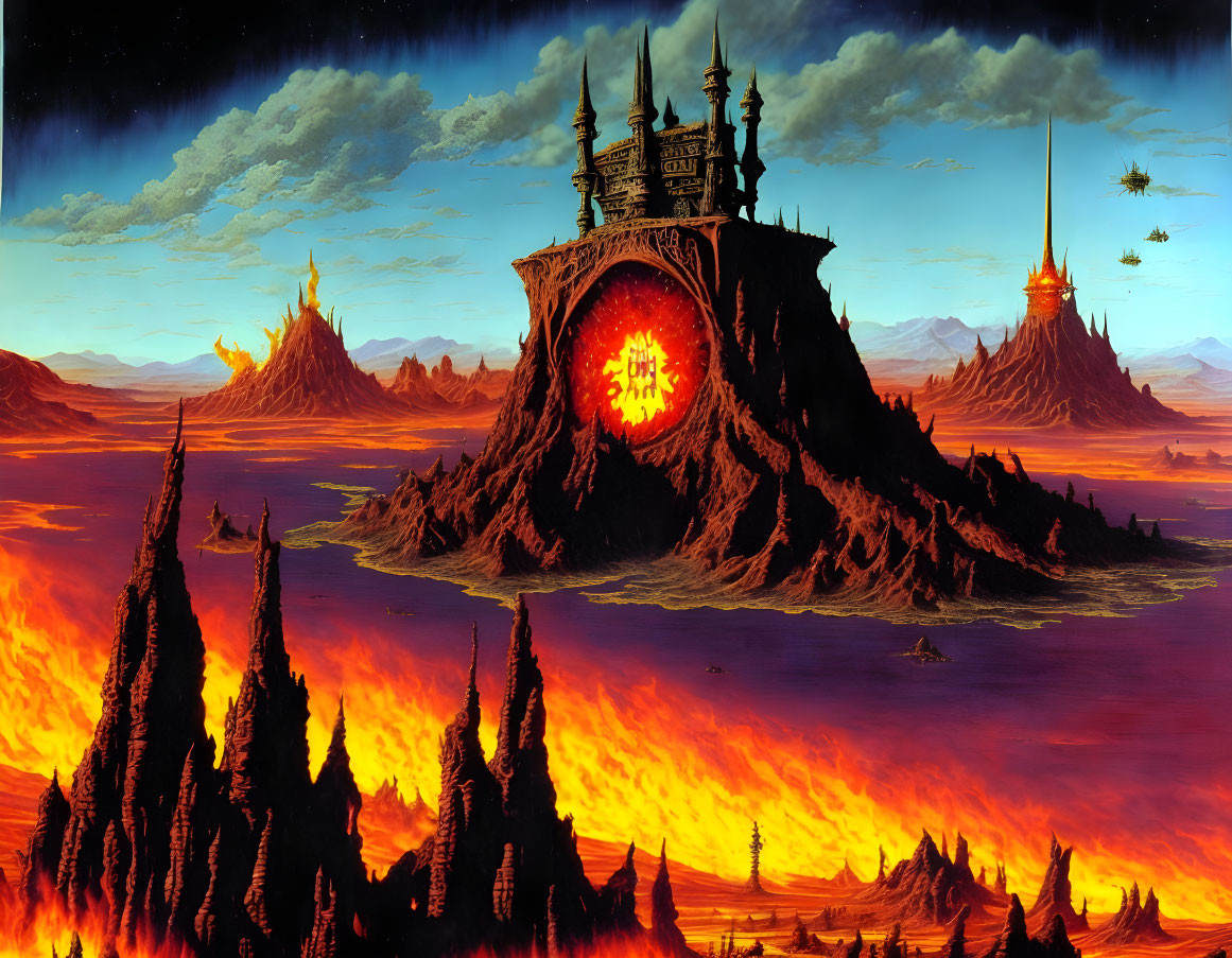 Volcanic landscape with lava-filled valley, spires, and castle in dusk sky