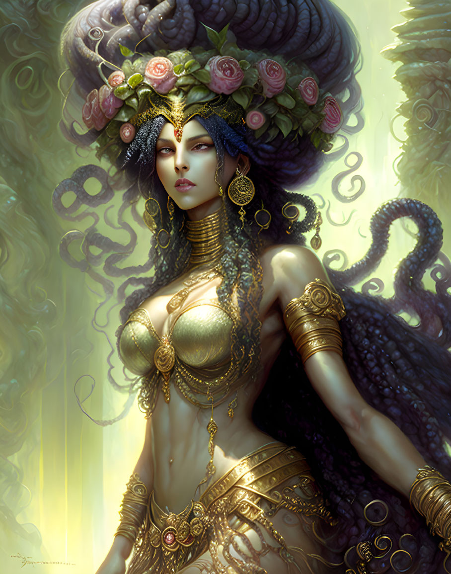 Blue-skinned woman with gold jewelry in misty setting