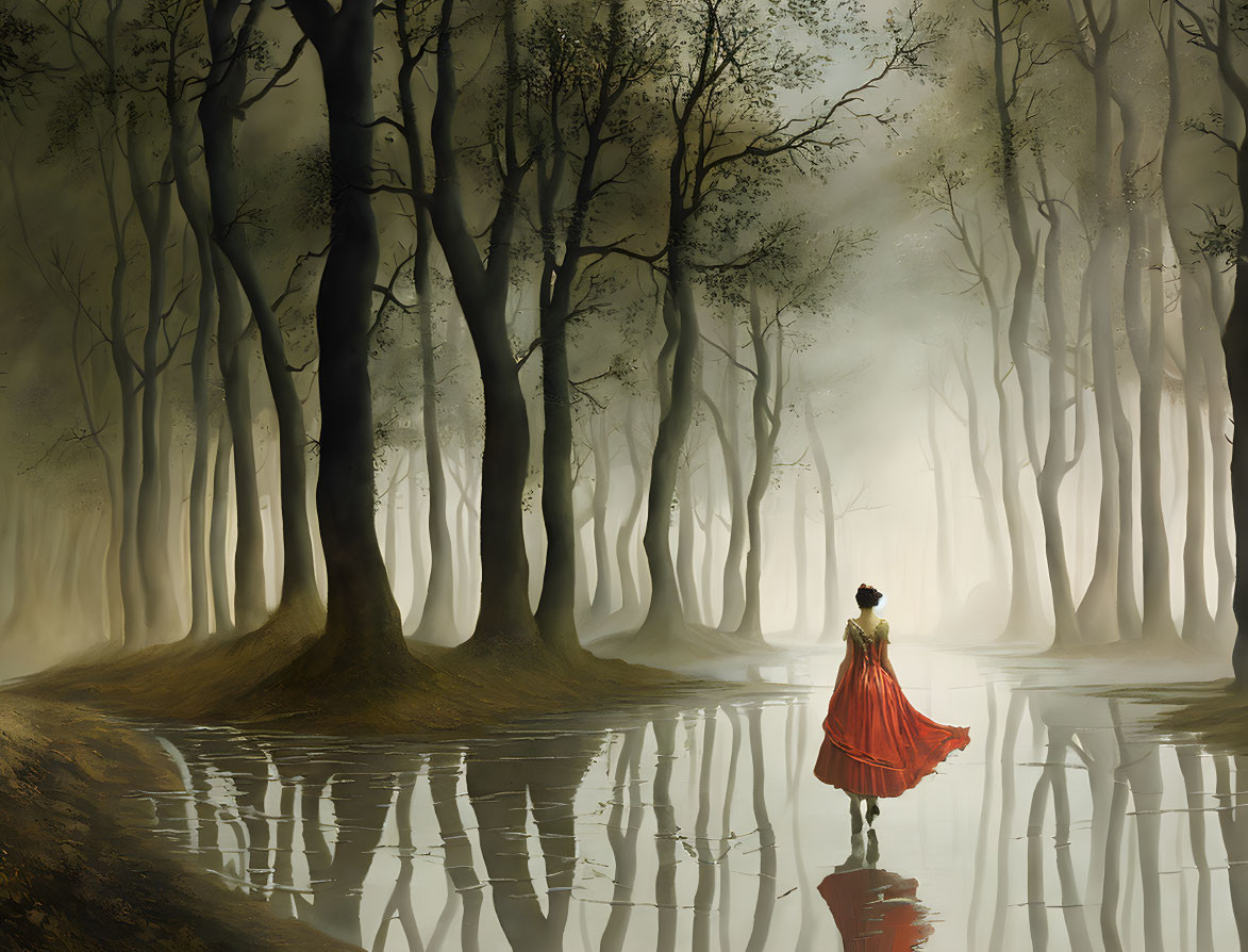 Woman in Red Dress Walking Through Serene Foggy Forest