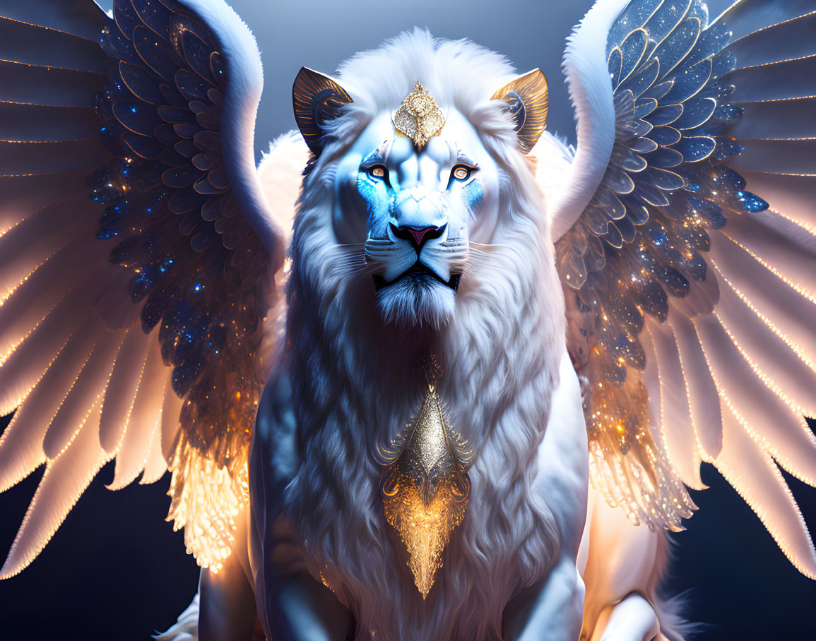 White lion with blue eyes and angelic wings in golden ornaments