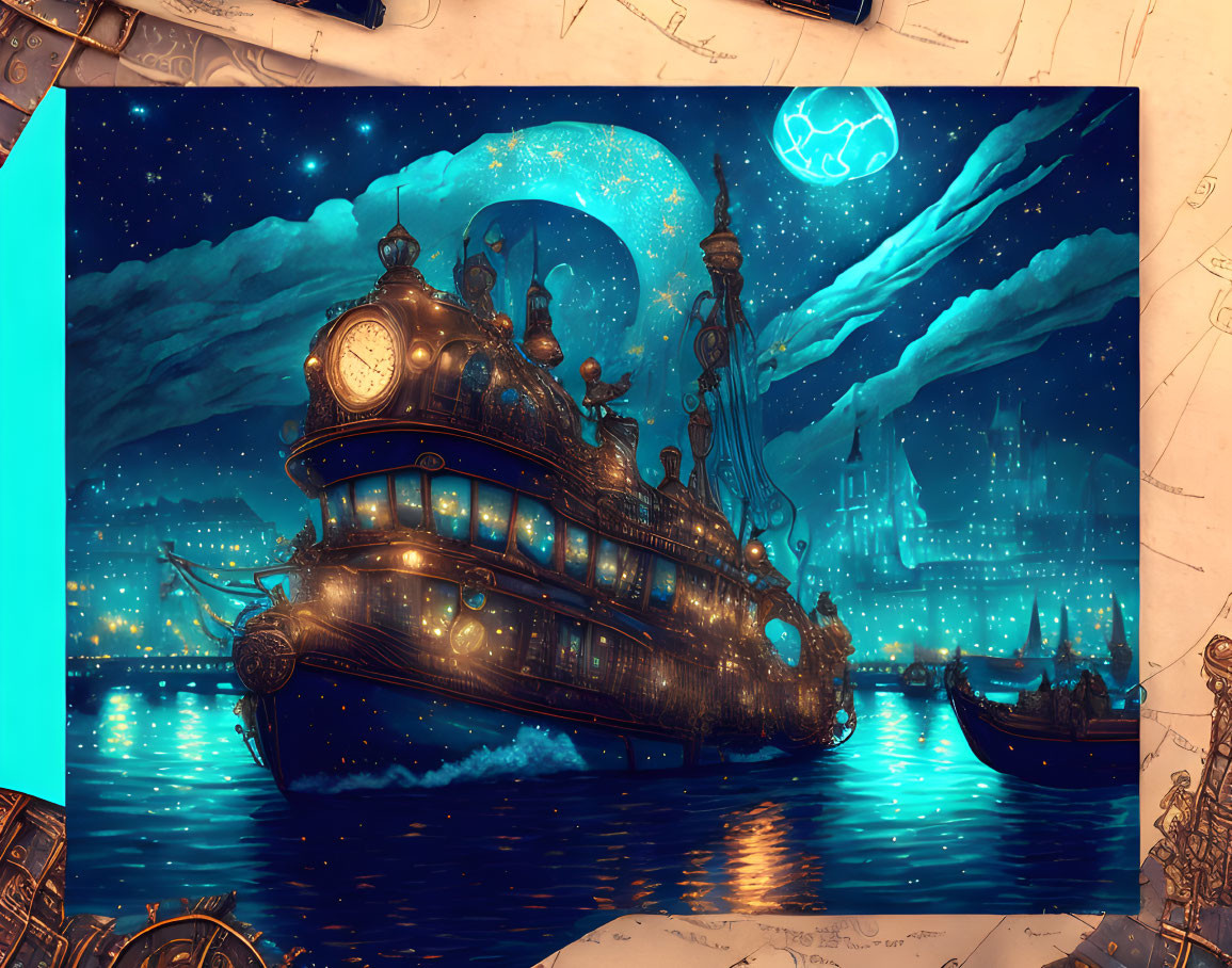 Fantastical steamship on serene sea under starry night sky