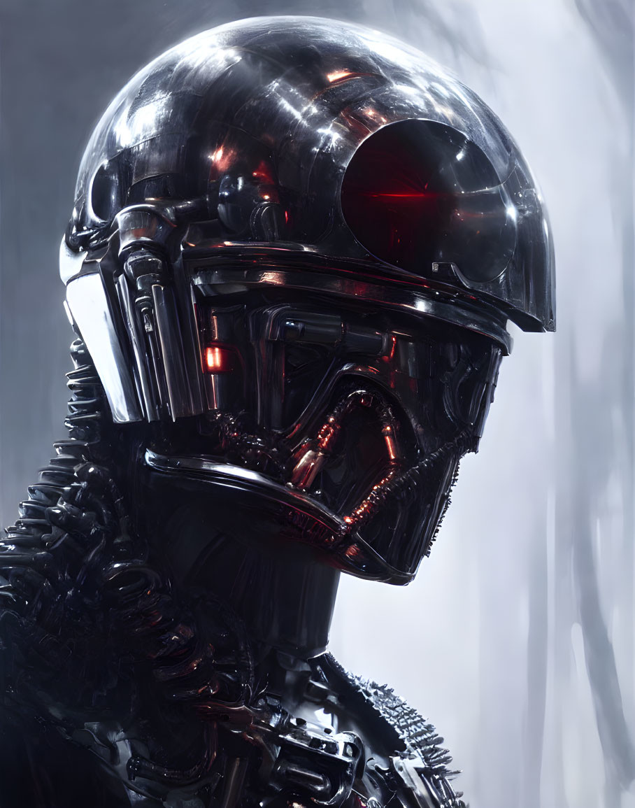 Futuristic robot with shiny spherical head and red glowing eyes