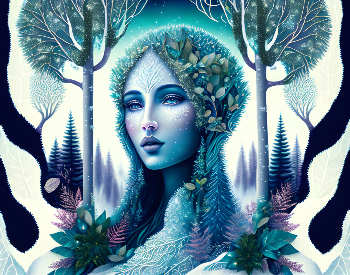 Woman's face merged with mystical winter forest in blue tones