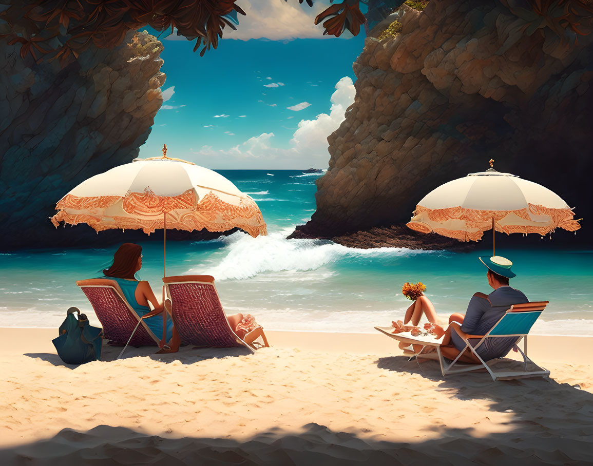 Beach chairs under white umbrellas by sunny ocean view