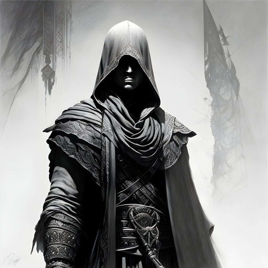 Hooded figure with intricate patterns and ominous background