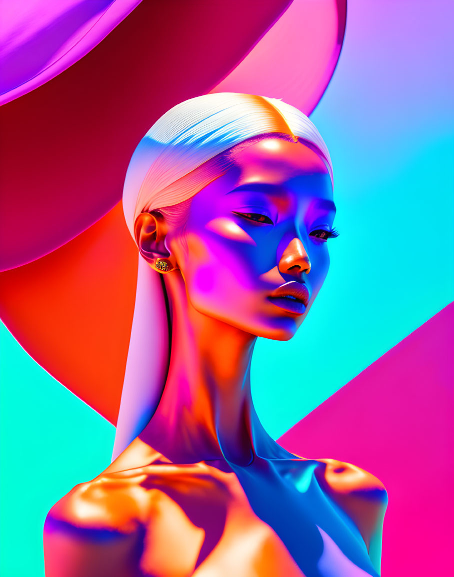 Colorful portrait of woman with white hair and neon pink and blue lighting