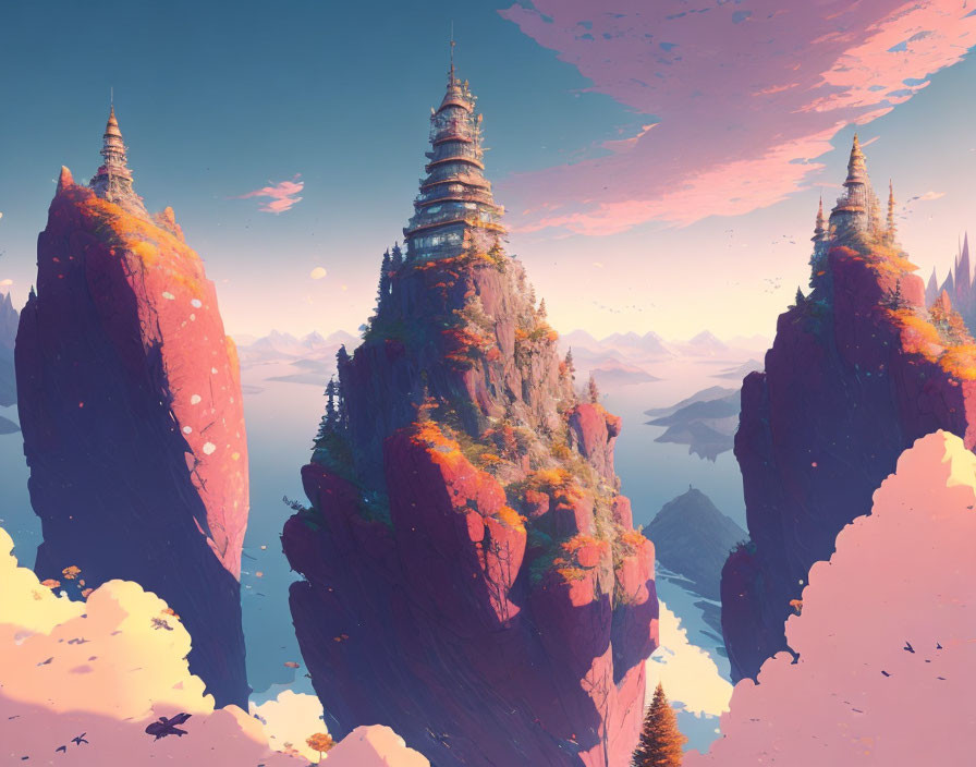 Mystical high peaks and pagoda-like structures under a pink sky