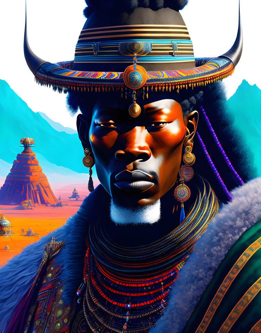 African warrior digital art with jewelry and headdress