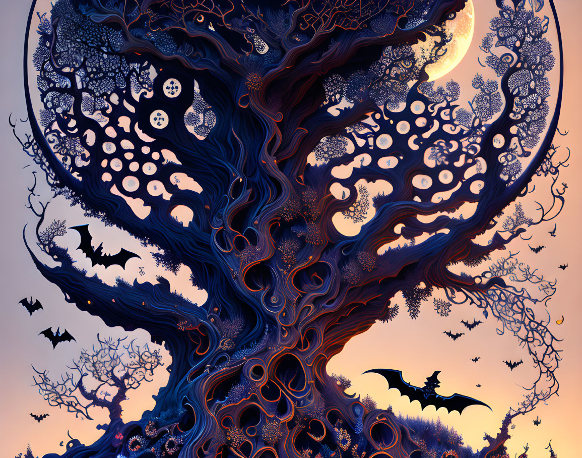 Vividly colored artwork of fantastical tree with swirling patterns and bats in dusk sky