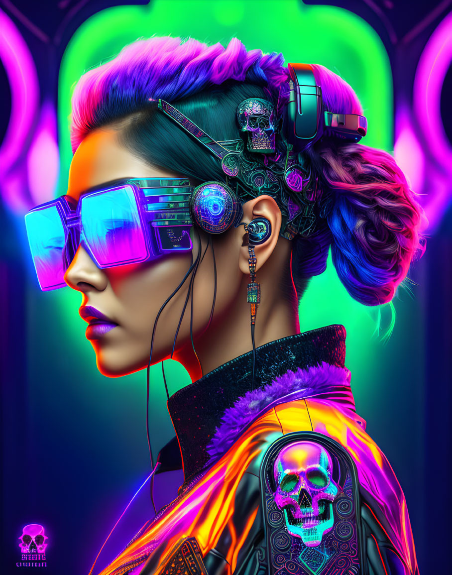 Neon-colored hair profile with futuristic sunglasses & skull jacket