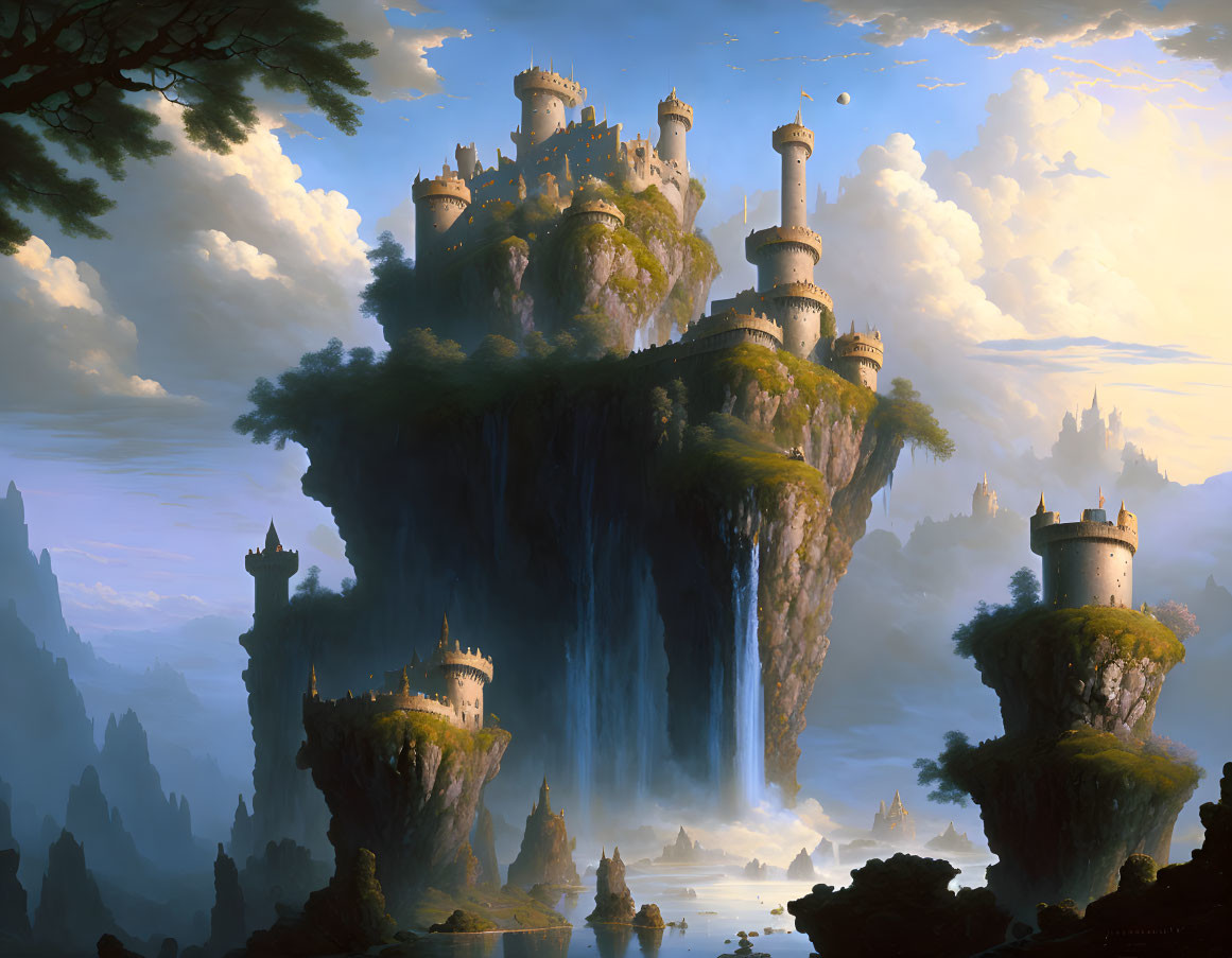 Floating island castle with cascading waterfalls and dramatic sky