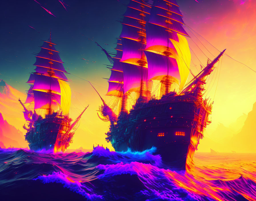 Surreal ocean scene: sailing ships with pink sails, dramatic sky