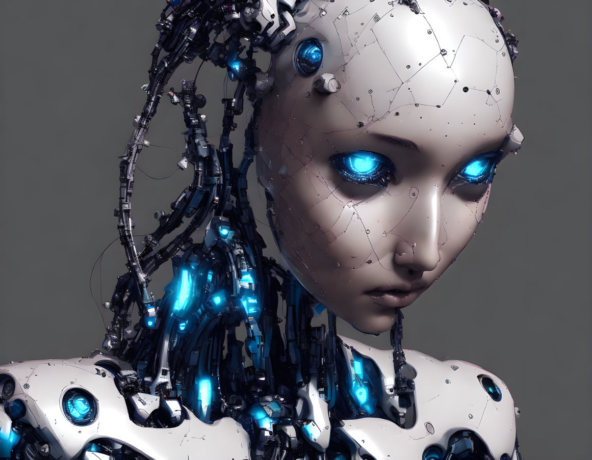 Detailed robotic figure with blue eyes and intricate mechanical parts