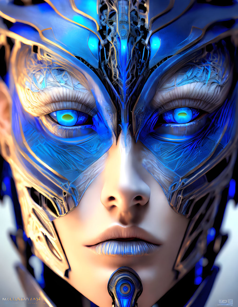 Detailed Image: Futuristic humanoid with blue eyes and intricate cybernetic facial armor