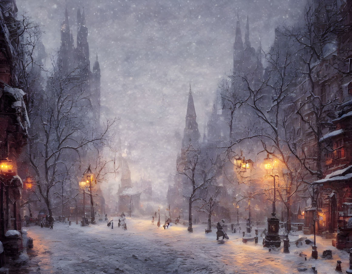 Snowy Gothic city street with lit lamps, bare trees, and falling snowflakes