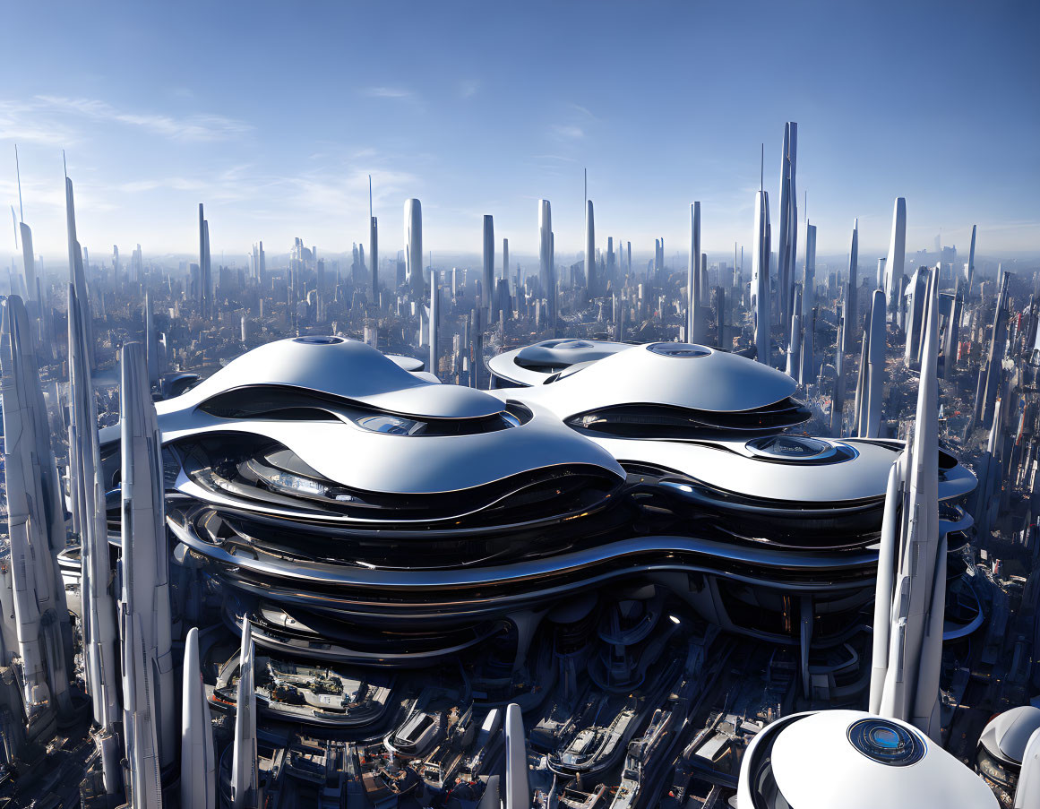 Futuristic cityscape with organic-shaped buildings and skyscrapers