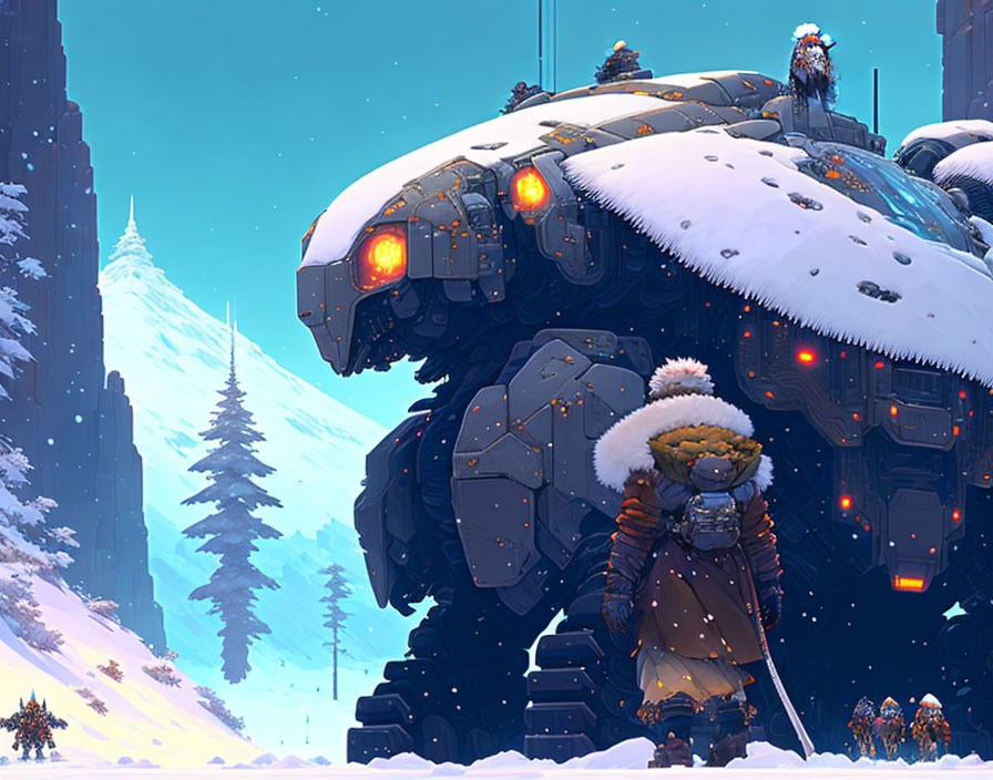 Person in winter clothing with snow-covered mech in snowy landscape