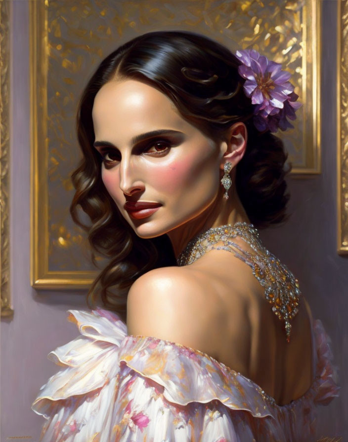 Elegant woman in white dress with purple flower and gold frame