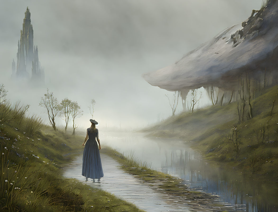 Woman in blue dress and hat walking in misty fantasy landscape with spire and mushroom structure