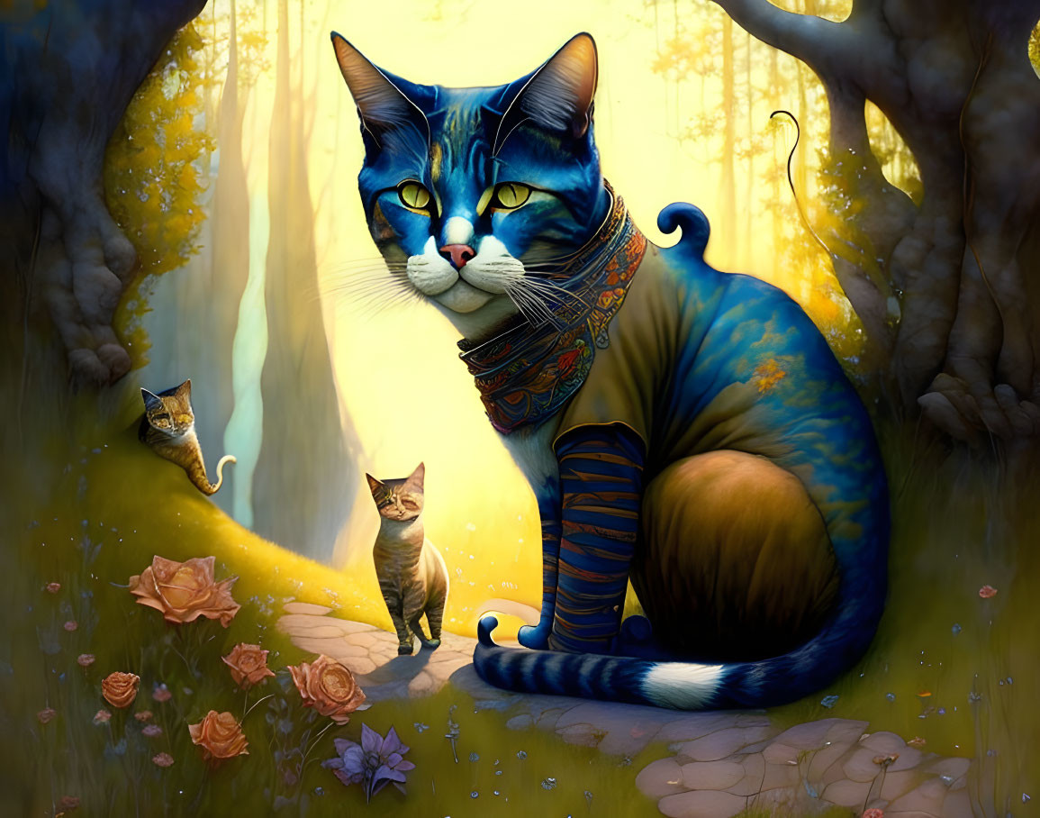 Digital Artwork: Two Cats in Mystical Forest with Glowing Trees