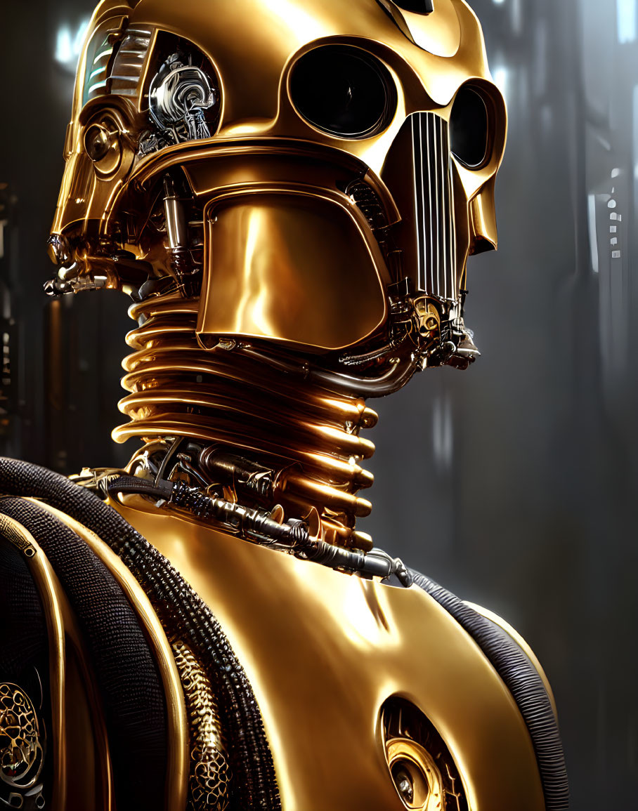 Detailed Gold Robot with Humanoid Head on Blurred Metallic Background