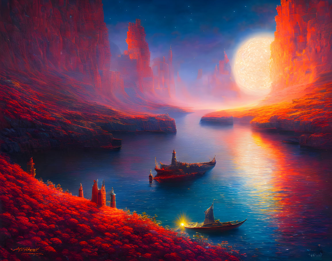 Majestic rock formations and red foliage in fantasy landscape