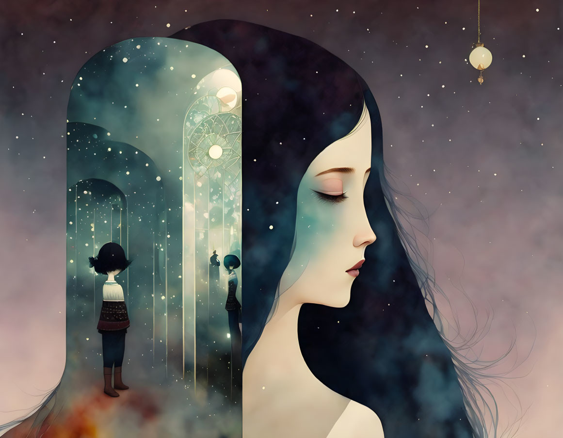 Surreal illustration: Woman's silhouette with children under starry sky