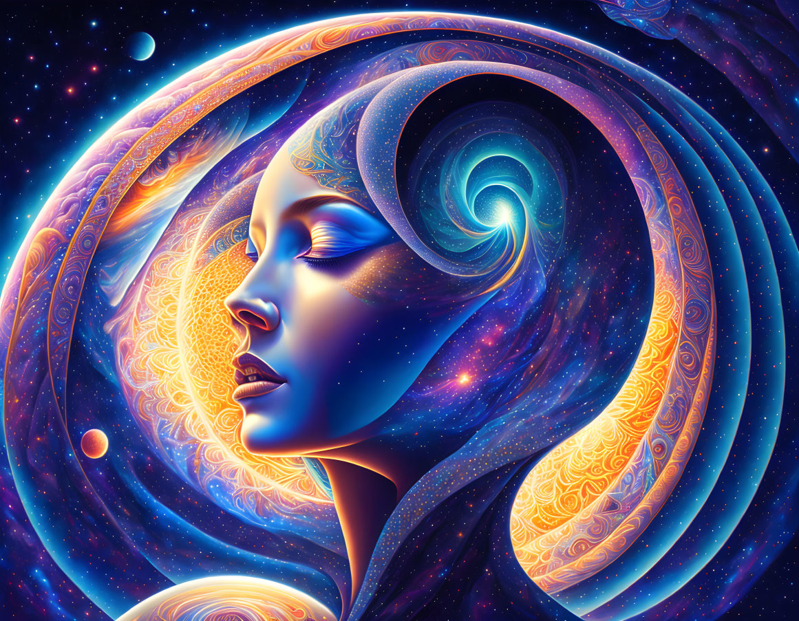 Colorful digital artwork: Woman's profile with cosmic patterns in blues and oranges