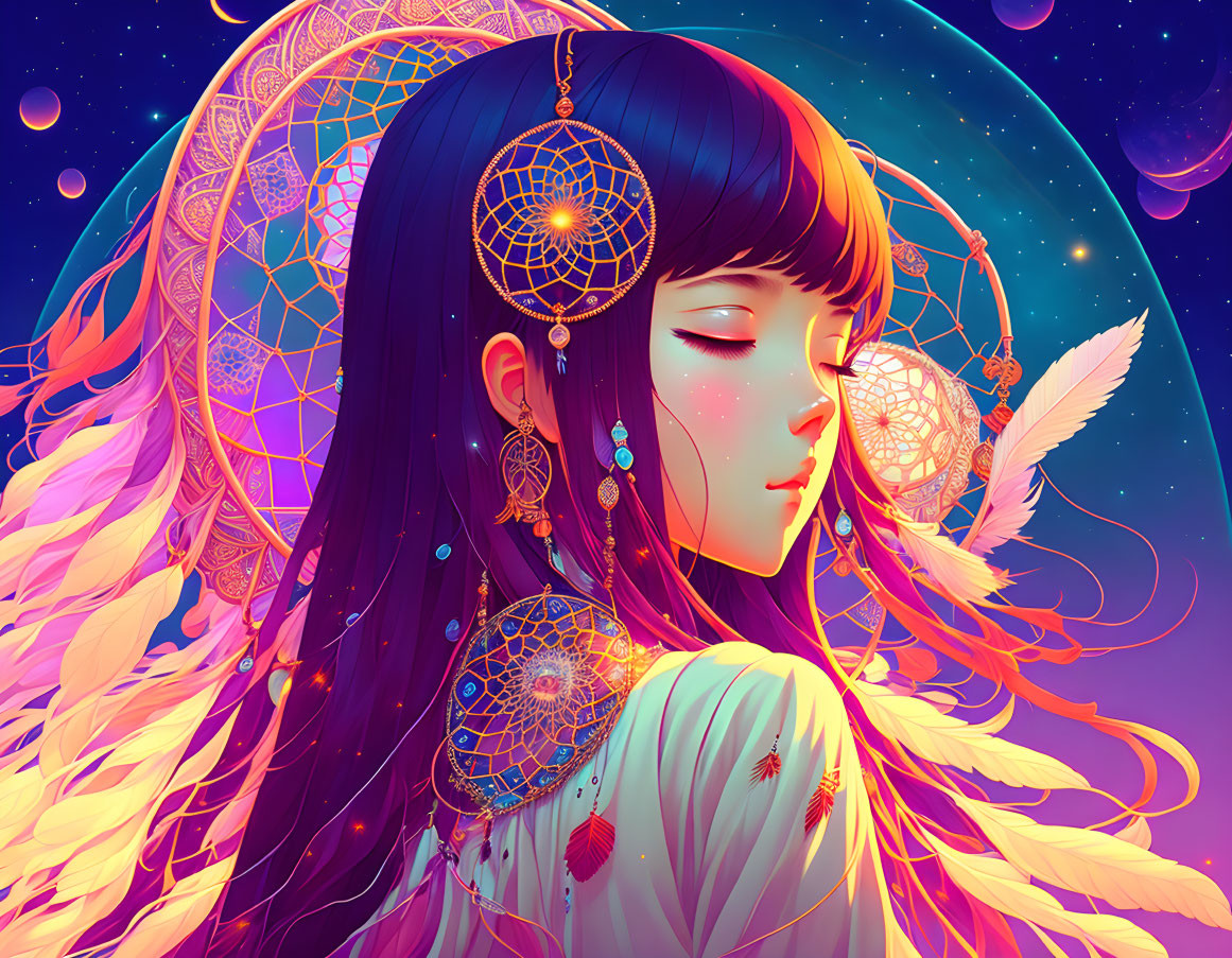 Illustrated girl with dream catchers in cosmic background