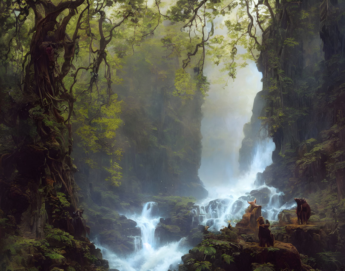 Ethereal forest scene with mist, lush greenery, river, and bears