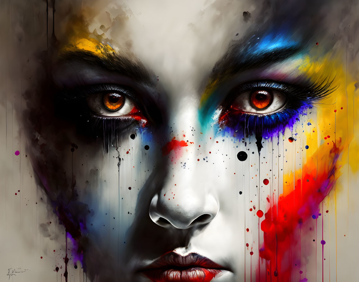 Colorful paint drips from woman's face in striking art piece