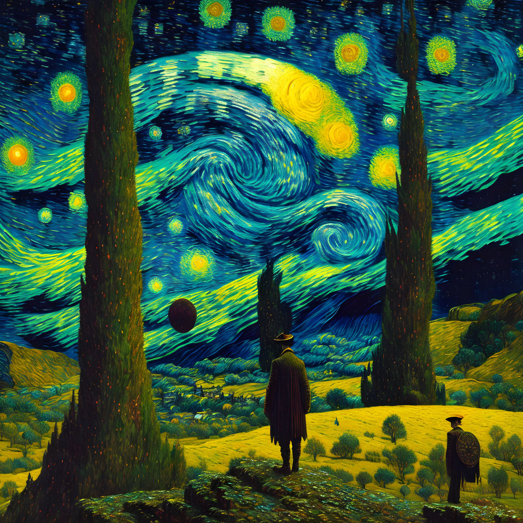 Person and bird under swirling starry sky with yellow orbs and dynamic blue-black sky.