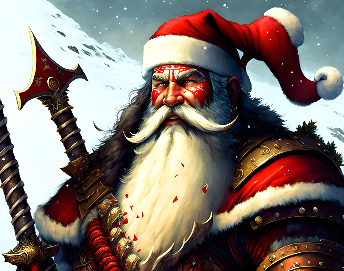 Santa Claus in warrior attire with battle axe in snowy scene