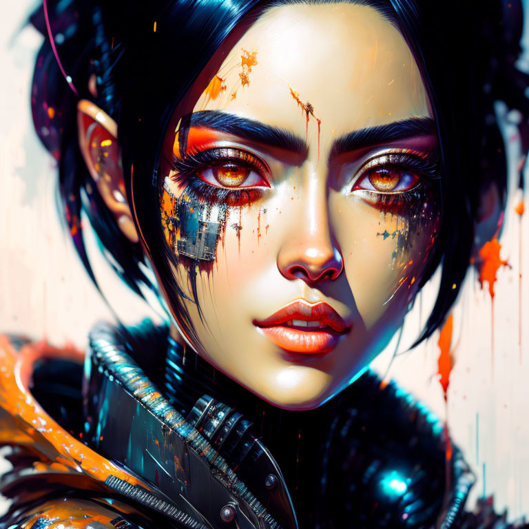 Digital artwork featuring woman with striking eyes and splattered paint